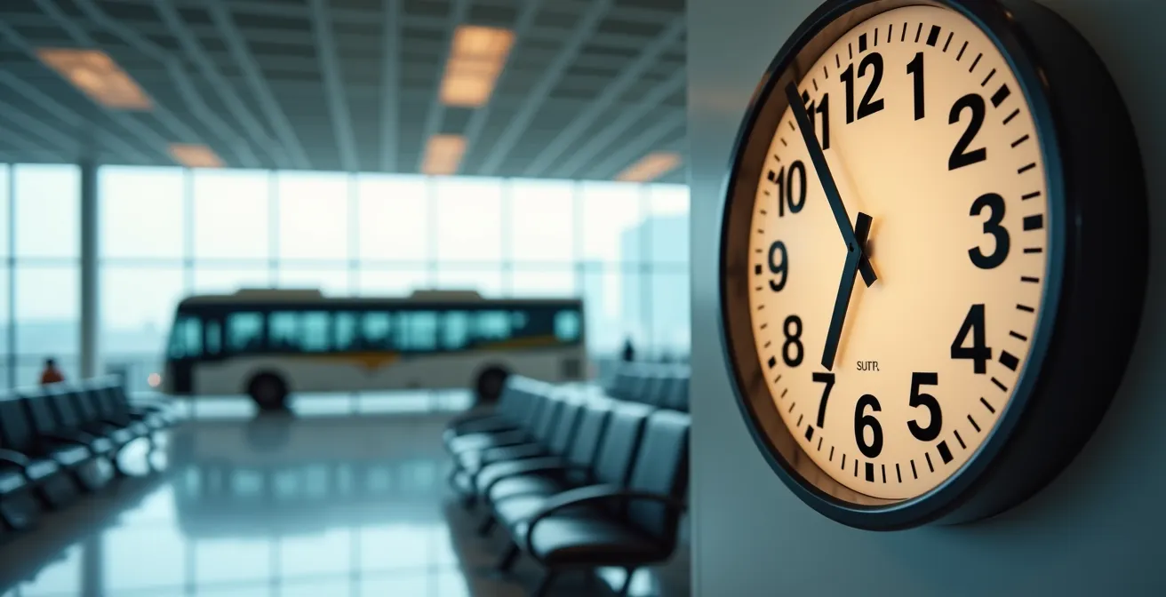 Horloge murale dans un hall d'attente de parking avec navette visible en arrière-plan