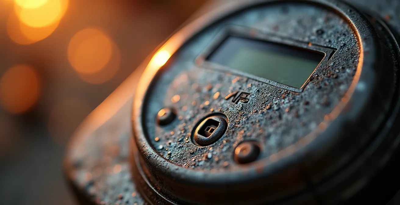 Gros plan sur la texture métallique d'un compteur d'énergie avec jeu de lumière