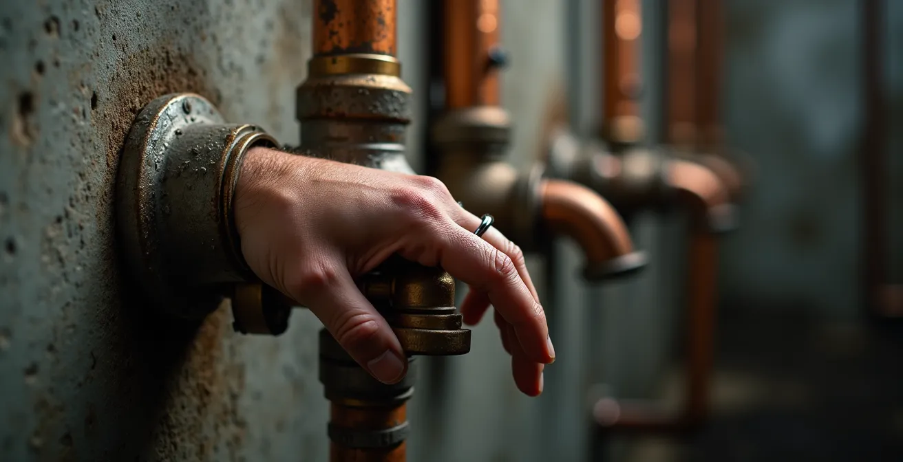 Gros plan sur une main identifiant la bonne vanne d'arrêt d'eau