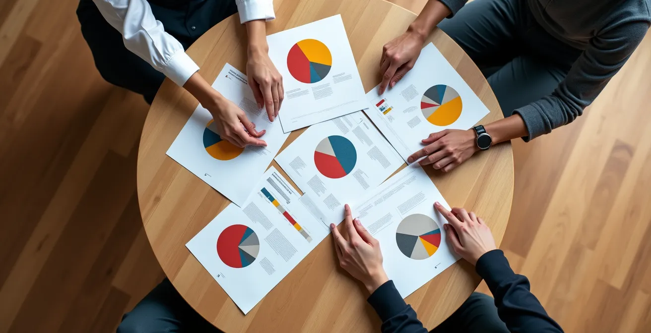 Vue aérienne d'une table ronde avec documents et mains de copropriétaires en discussion