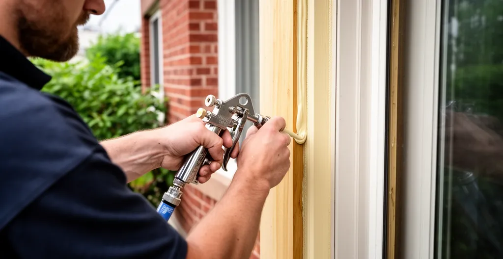 Calfeutreur professionnel appliquant du scellant le long d'un cadre de porte-patio