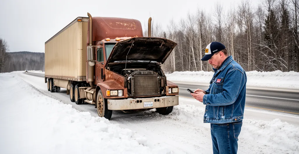 Poids lourd immobilisé sur route enneigée au Québec avec chauffeur attendant