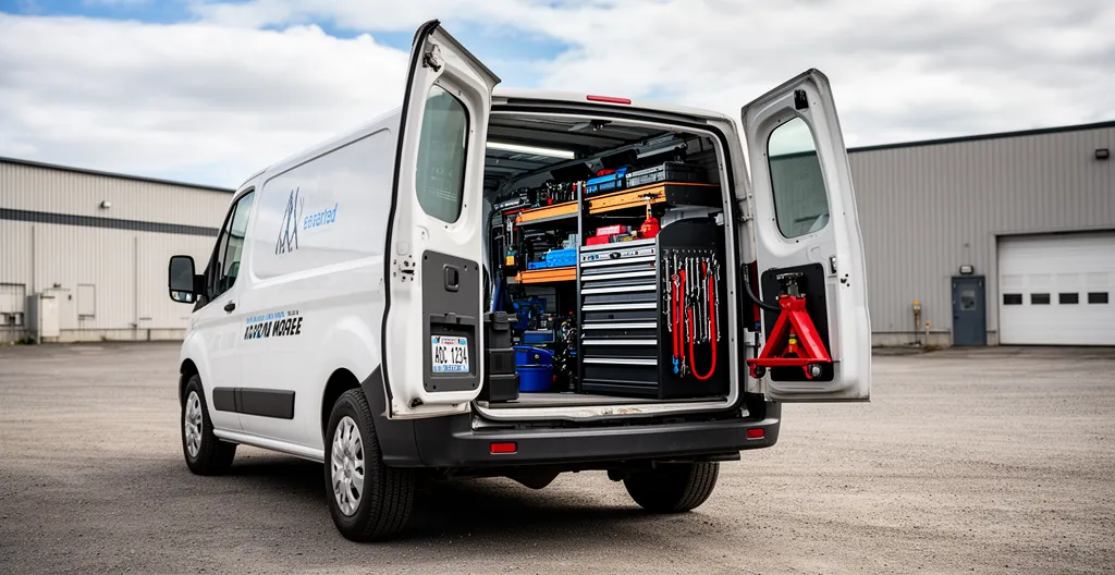 Véhicule de service mécanique mobile équipé avec outils professionnels visibles