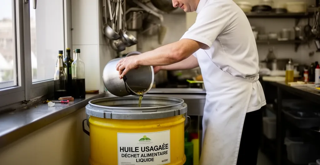 Employé versant de l'huile de friture usagée dans un conteneur de collecte normé