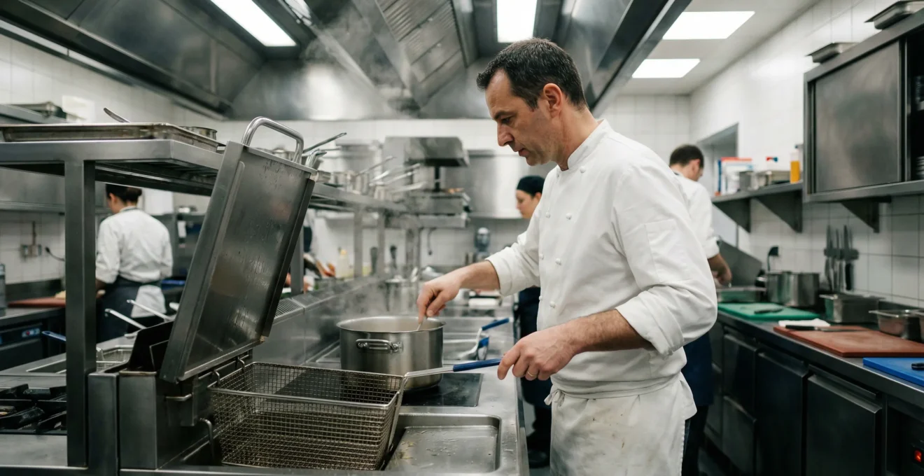 Cuisinier travaillant dans une cuisine professionnelle avec friteuse industrielle à Angers