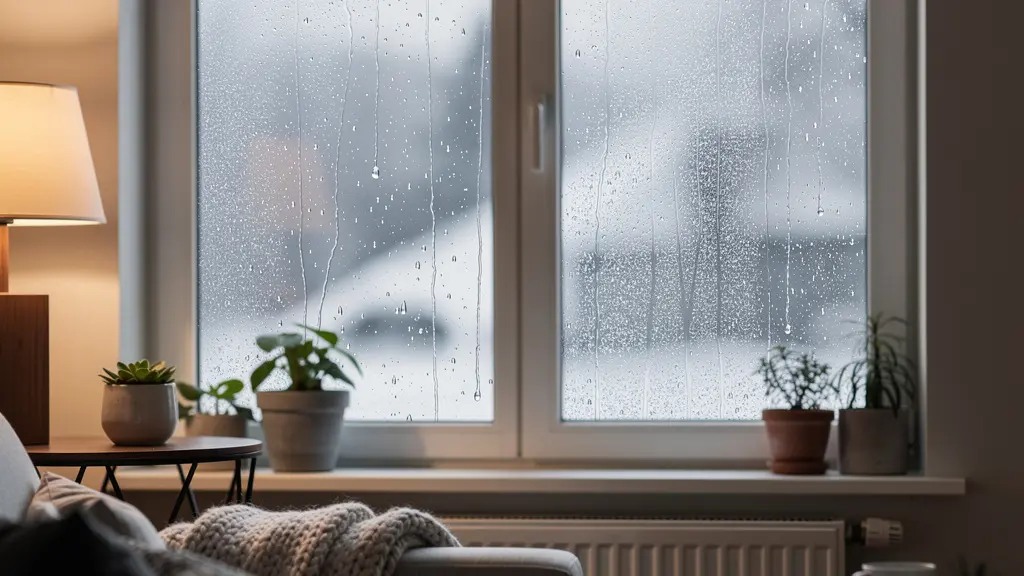 Fenêtre intérieure avec condensation et buée indiquant problème d'étanchéité