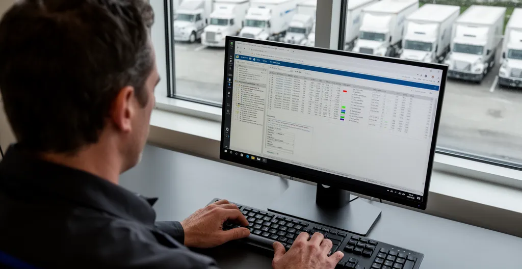Gestionnaire de flotte consultant planning sur écran avec vue sur parc de camions