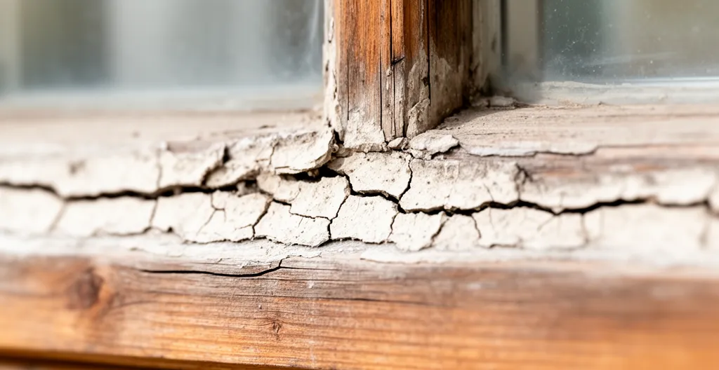 Gros plan sur un joint de calfeutrage extérieur craquelé autour d'un cadre de fenêtre