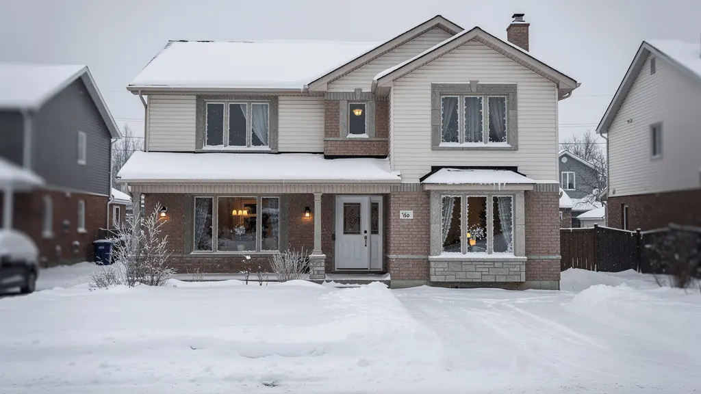 Façade maison québécoise en hiver avec givre visible autour des fenêtres