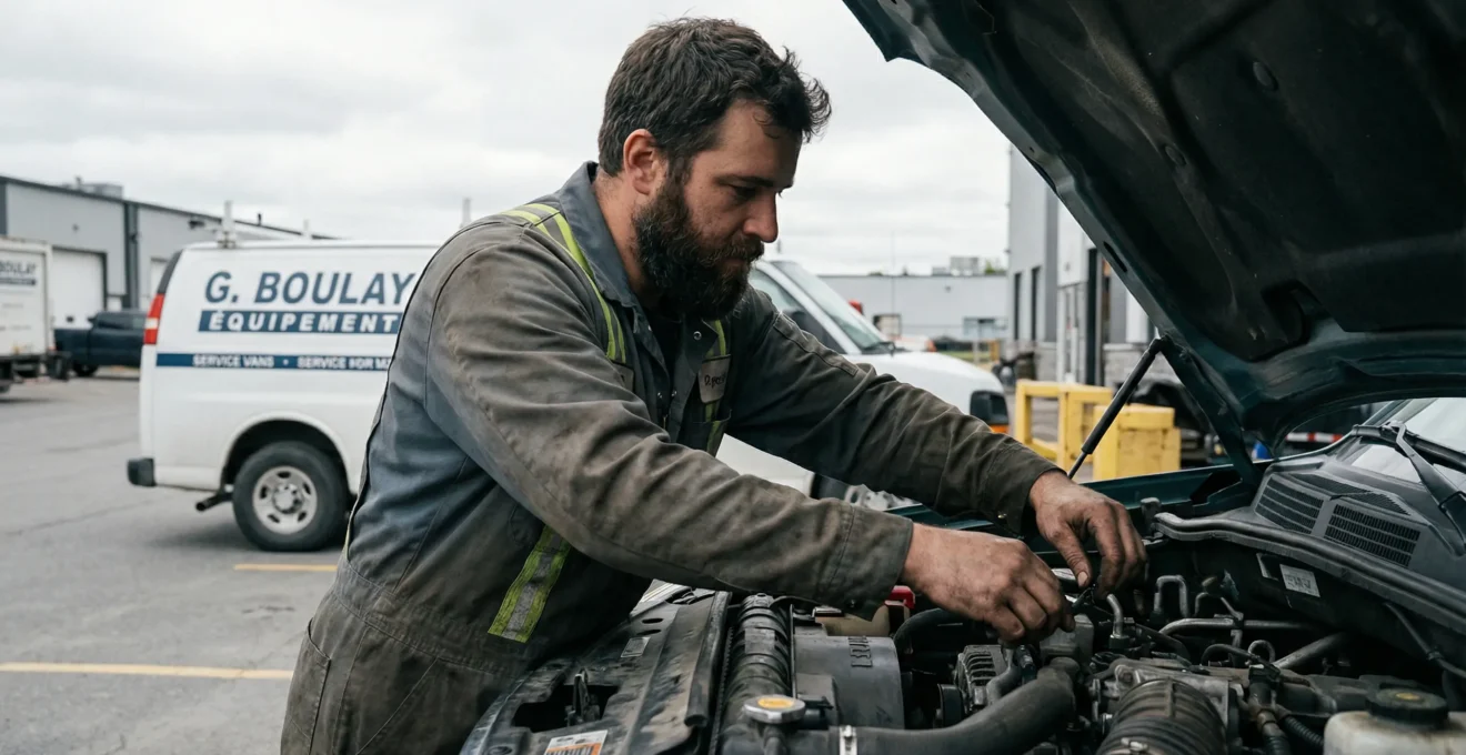 Technicien inspectant moteur diesel d'un poids lourd avec camionnette de service mobile
