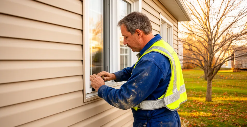 Technicien inspectant le calfeutrage extérieur d'une fenêtre résidentielle au Québec