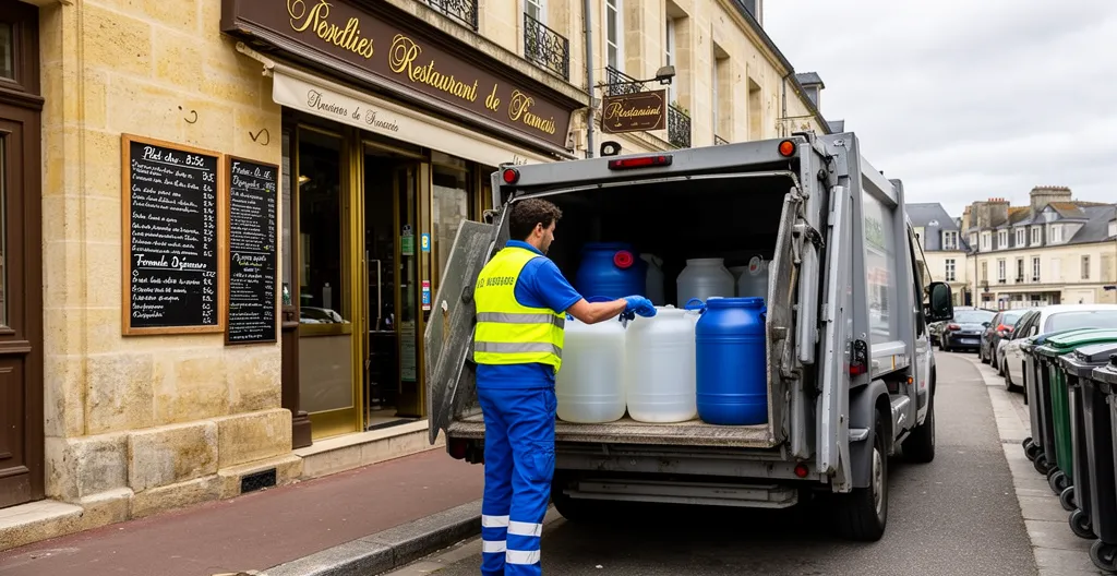 Véhicule de collecte chargeant des conteneurs d'huiles usagées devant un restaurant