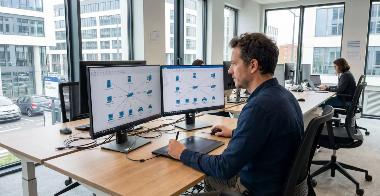 Un administrateur IT vu de dos analyse une cartographie réseau affichée sur un grand moniteur dans un bureau moderne éclairé naturellement