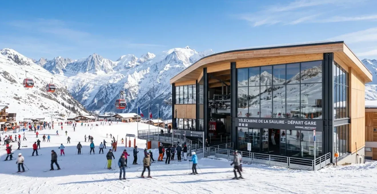 Station de départ d'une télécabine dans une station de ski des Alpes françaises avec architecture montagnarde moderne et skieurs flous en arrière-plan