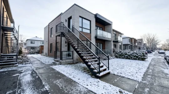 Un escalier extérieur résidentiel moderne équipé d'une rampe métallique noire sous une fine couche de neige, dans un quartier contemporain de la région montréalaise