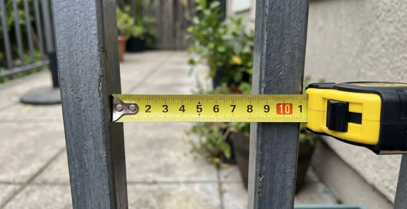 Gros plan macro sur l'espacement entre deux balustres métalliques d'une rampe avec un ruban à mesurer jaune montrant la distance de 100 millimètres, texture de l'acier visible en détail