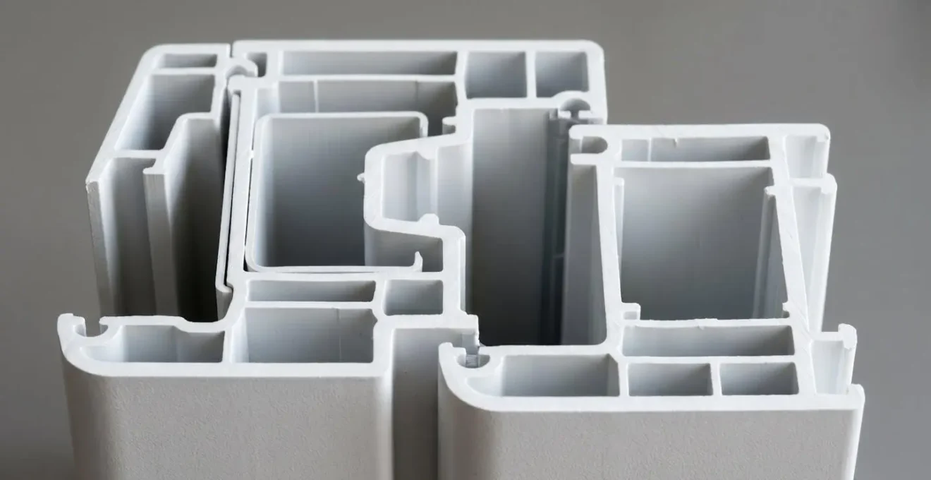 Vue macro rapprochée d'une section transversale de cadre de fenêtre en PVC multichambre, révélant les chambres d'air isolantes