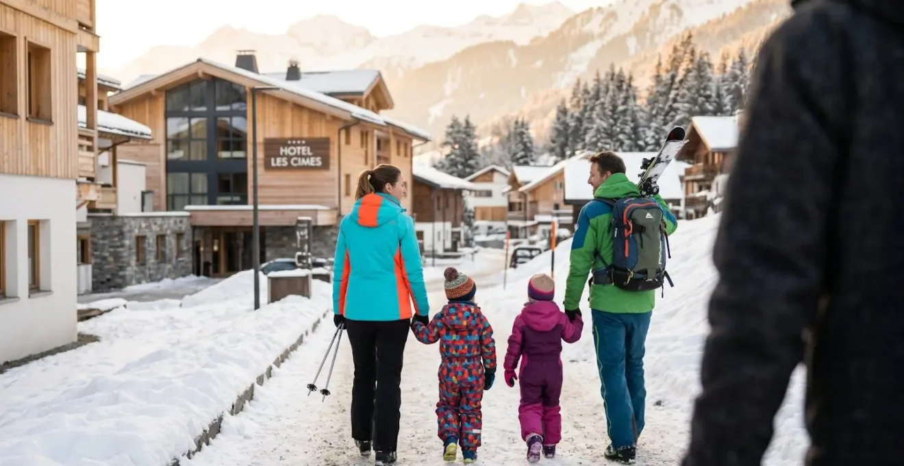 Une famille avec deux jeunes enfants en tenue de ski complète retourne vers un hôtel de montagne contemporain, vue de dos en fin d'après-midi