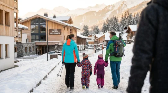 Une famille avec deux jeunes enfants en tenue de ski complète retourne vers un hôtel de montagne contemporain, vue de dos en fin d'après-midi