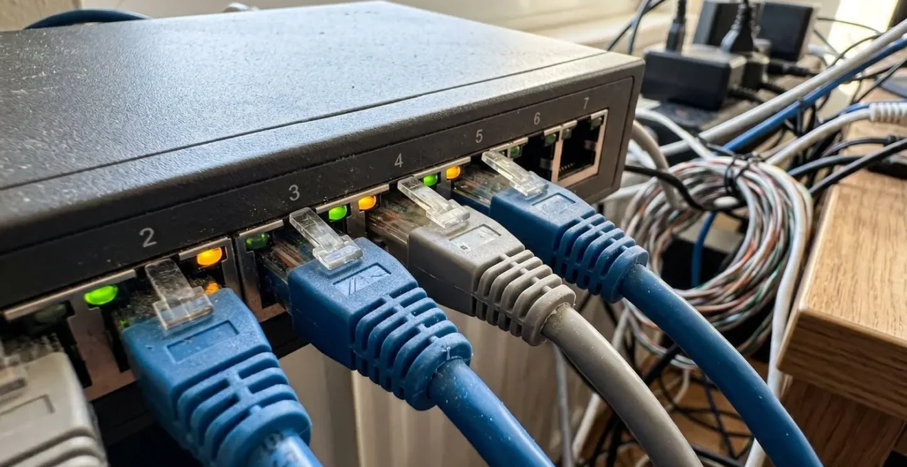 Gros plan sur un petit switch réseau non géré avec plusieurs câbles Ethernet connectés, posé sous un bureau dans un environnement professionnel
