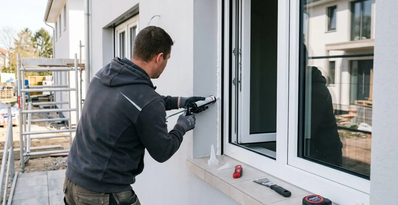 Entrepreneur vu de dos appliquant du scellant autour d'un cadre de fenêtre, outils modernes disposés sur le rebord, chantier résidentiel lumineux