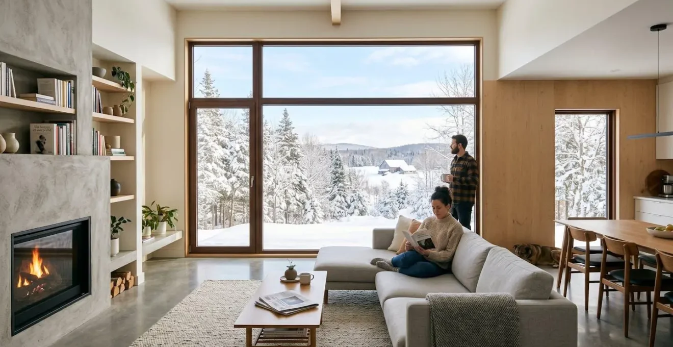 Salon contemporain inondé de lumière naturelle grâce à une grande fenêtre à cadre épuré, vue hivernale floue en arrière-plan