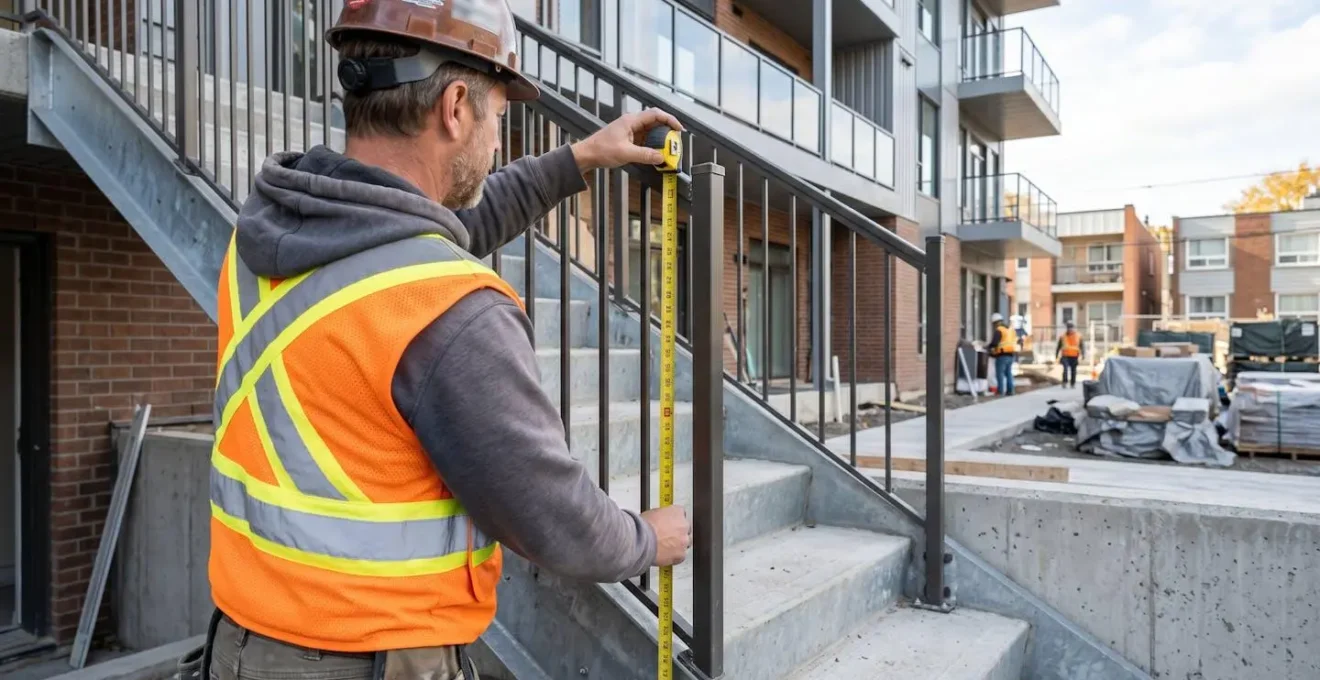 Un ouvrier en veste réfléchissante mesure la hauteur d'un garde-corps d'escalier extérieur avec un ruban à mesurer, vu par-dessus son épaule sur un chantier propre