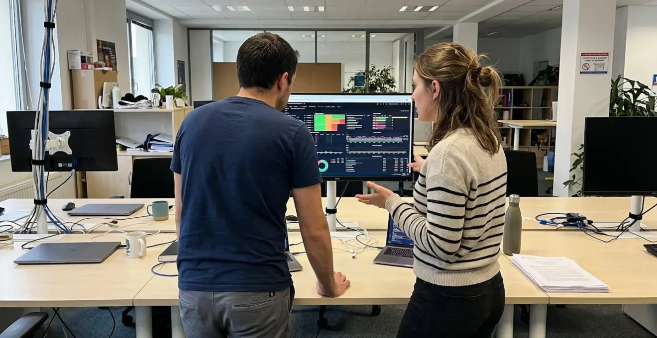 Deux techniciens informatiques examinent ensemble un tableau de bord de monitoring réseau affichant des alertes, moment de collaboration authentique dans un bureau moderne