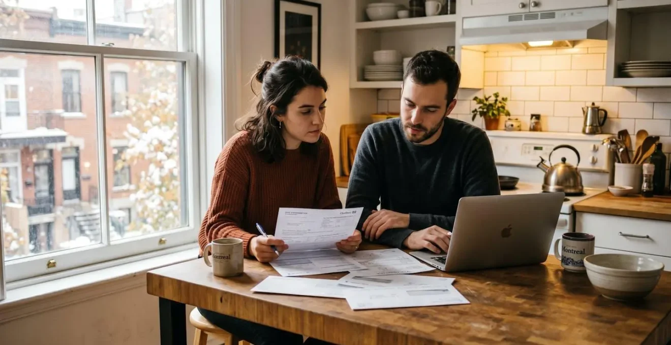 Un couple consultant des documents d'assurance et de permis d'alcool pour organiser leur mariage au Québec