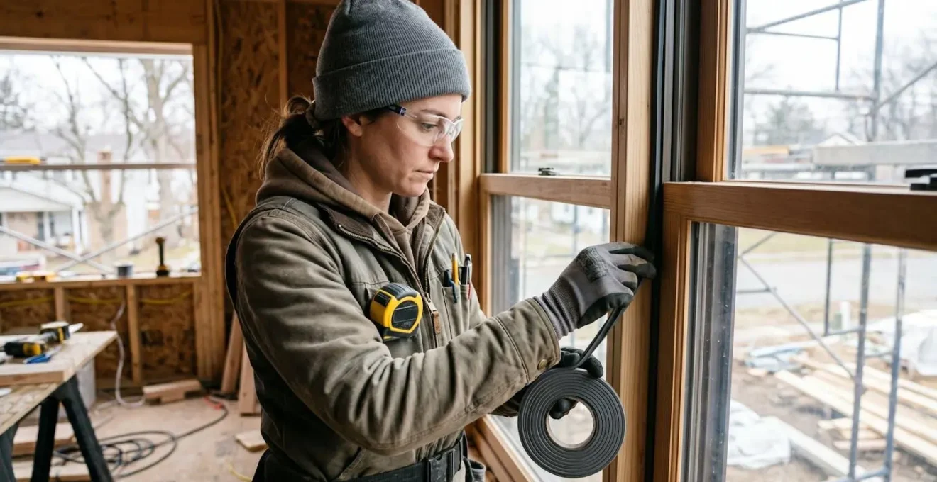 Détail du joint d'étanchéité lors de l'installation d'une fenêtre dans une maison en construction