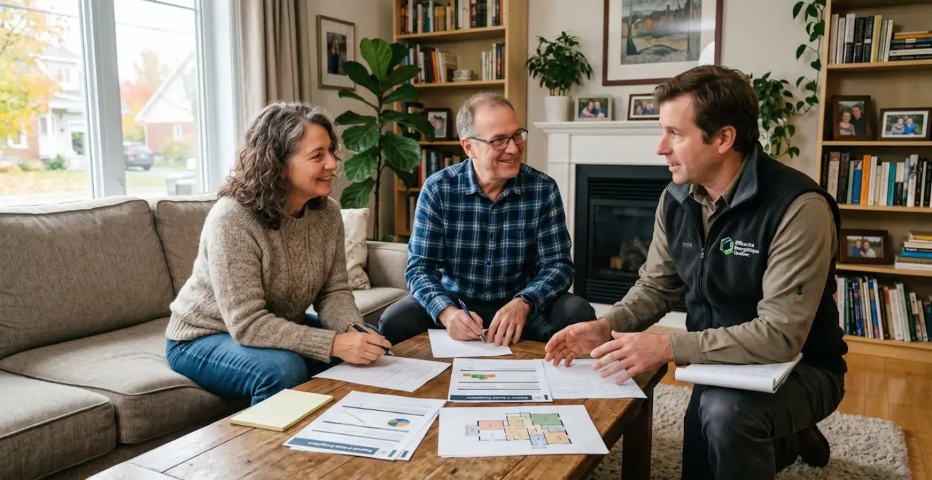 Propriétaires discutant avec un évaluateur énergétique agréé dans une maison résidentielle au Québec