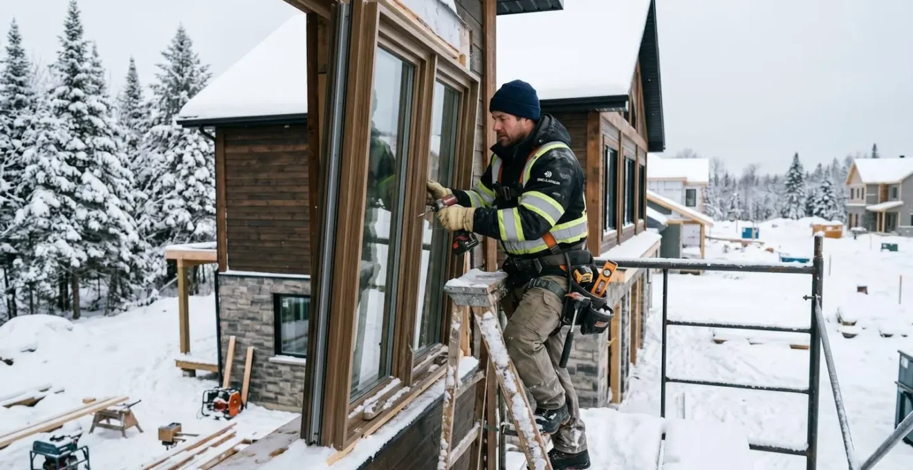 Ouvrier posant une fenêtre à triple vitrage sur une maison en construction sous un ciel hivernal québécois