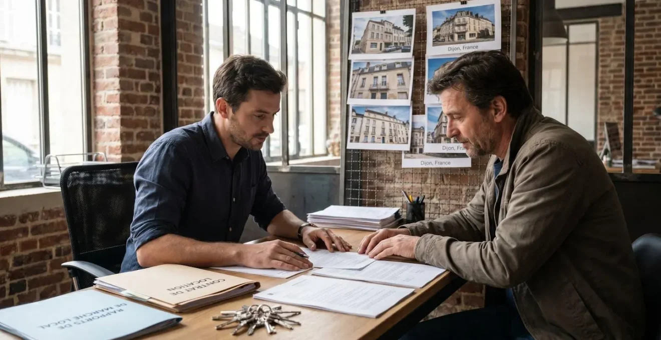 Bureau d'agence immobilière avec conseiller et propriétaire consultant des documents de gestion locative autour d'un bureau moderne