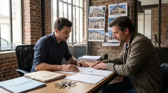 Bureau d'agence immobilière avec conseiller et propriétaire consultant des documents de gestion locative autour d'un bureau moderne