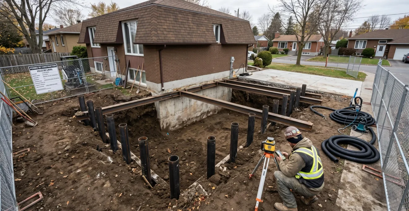 Chantier de travaux en sous-œuvre résidentiel à Laval : excavation profonde sous fondations existantes, installation de micropieux en acier, contracteur RBQ vérifiant nivellement, bungalow années 1970 en arrière-plan