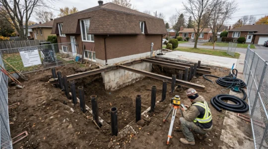 Chantier de travaux en sous-œuvre résidentiel à Laval : excavation profonde sous fondations existantes, installation de micropieux en acier, contracteur RBQ vérifiant nivellement, bungalow années 1970 en arrière-plan