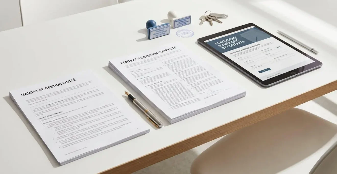 Documents de différents types de mandats de gestion locative disposés sur une table de signature moderne