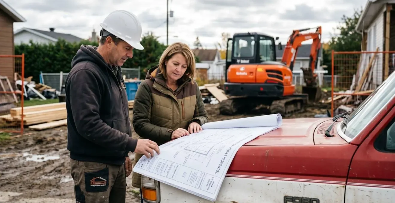 Entrepreneur général et propriétaire consultant un plan d'excavation sur capot de camion de chantier, mini-pelle visible en arrière-plan, site de rénovation résidentielle au Québec, collaboration professionnelle terrain.