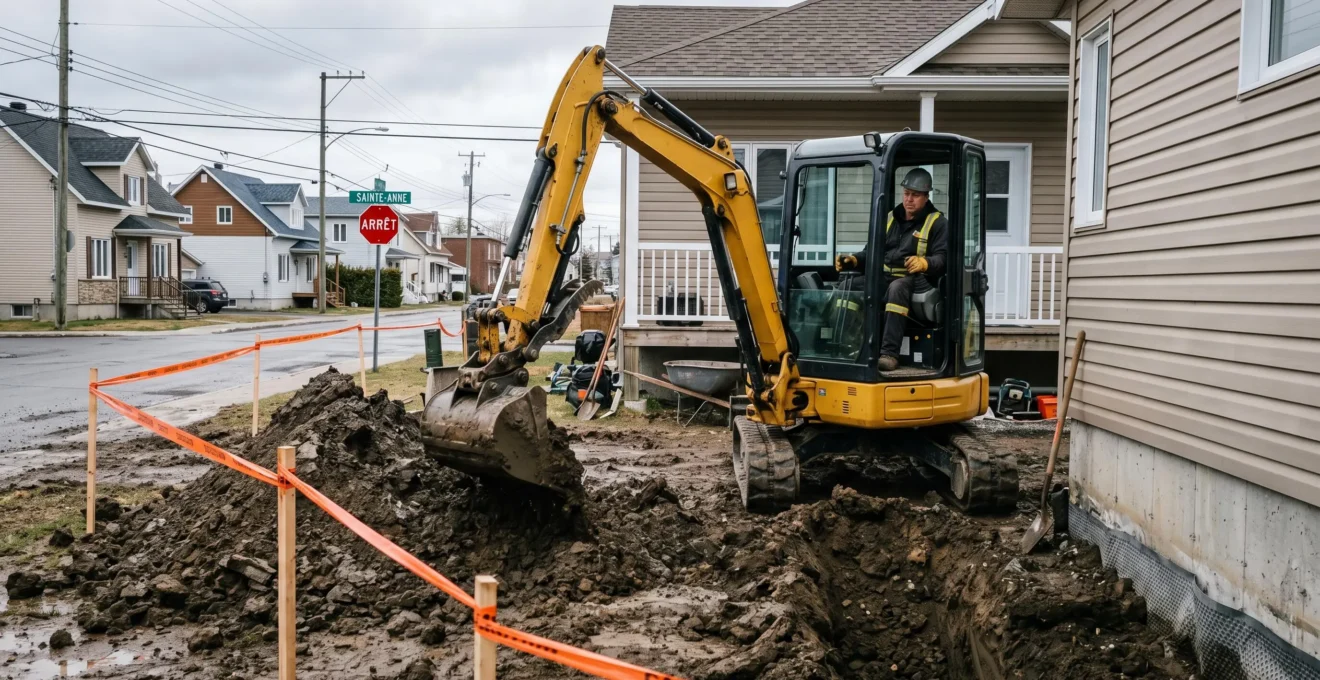 Mini-pelle jaune creusant une tranchée de drainage le long des fondations d'une maison résidentielle au Québec, opérateur dans la cabine, terre argileuse excavée visible, ruban de signalisation orange, quartier résidentiel en arrière-plan.