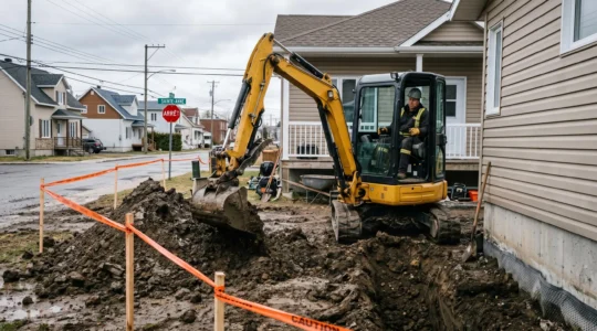 Mini-pelle jaune creusant une tranchée de drainage le long des fondations d'une maison résidentielle au Québec, opérateur dans la cabine, terre argileuse excavée visible, ruban de signalisation orange, quartier résidentiel en arrière-plan.