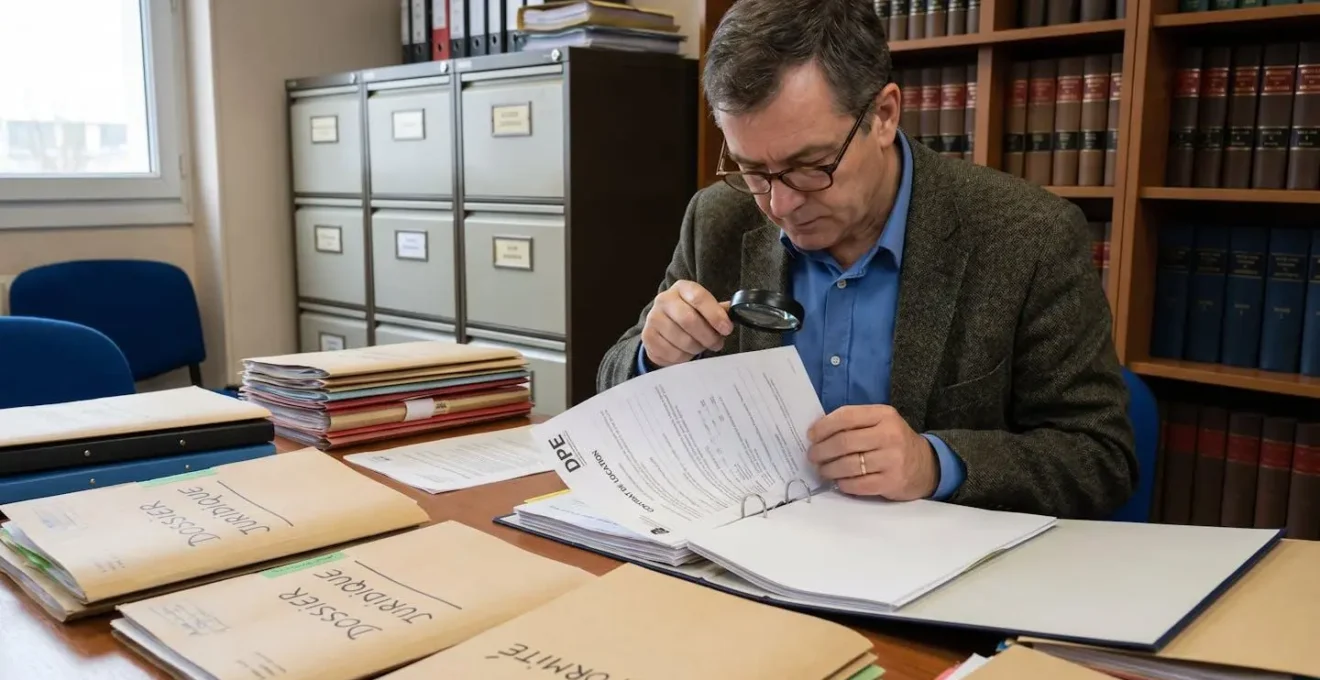 Professionnel immobilier examinant des documents de conformité réglementaire et diagnostics dans un bureau spécialisé