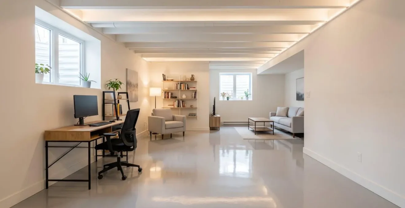 Sous-sol résidentiel aménagé avec revêtement époxy gris perle, plafond 2,40 m, éclairage LED, espaces bureau et détente, finitions contemporaines qualité