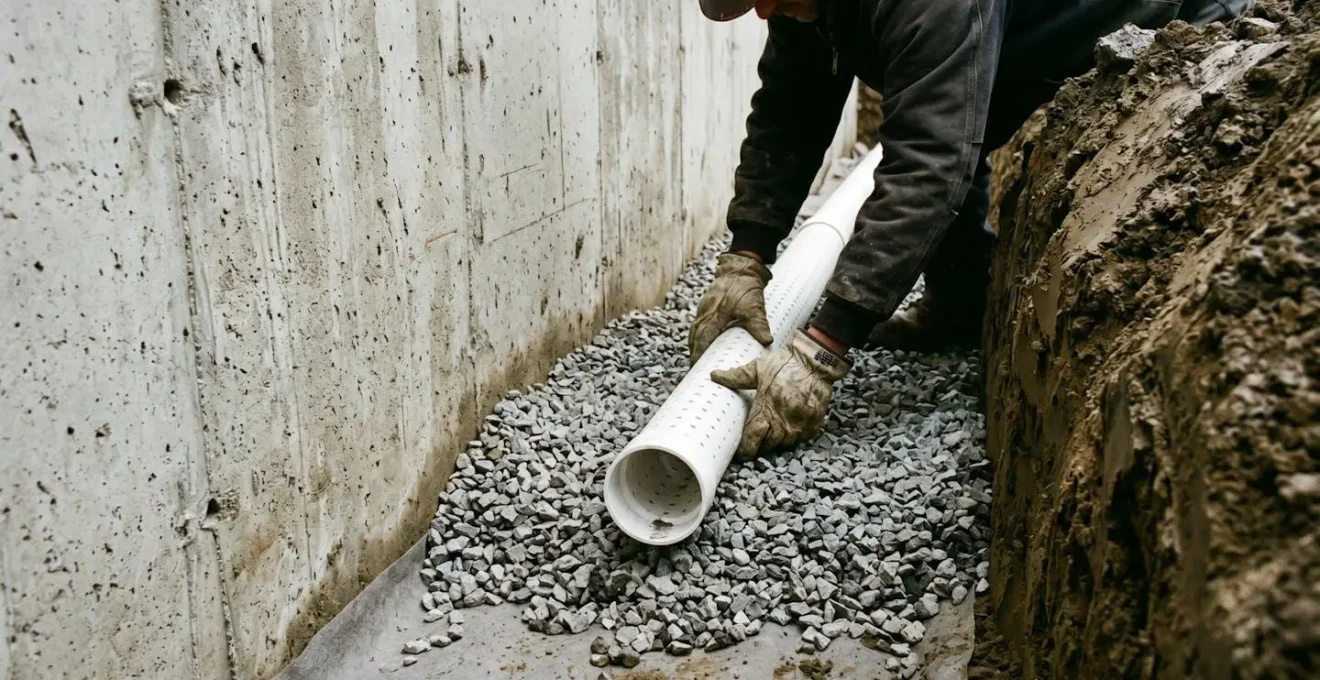 Tranchée de drainage excavée le long d'une fondation résidentielle, tuyau perforé blanc installé sur lit de gravier, mains gantées d'ouvrier ajustant le tuyau, sol argileux et fondation en béton visibles.