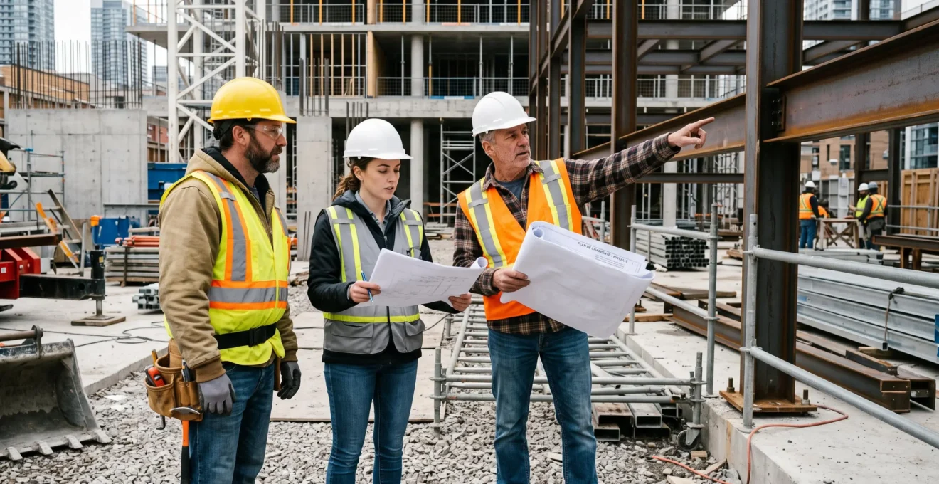 Trois professionnels de la construction coordonnant leurs interventions directement sur le chantier