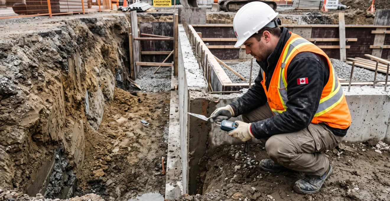 Ingénieur inspectant les fondations exposées lors d'une excavation sur un chantier de construction