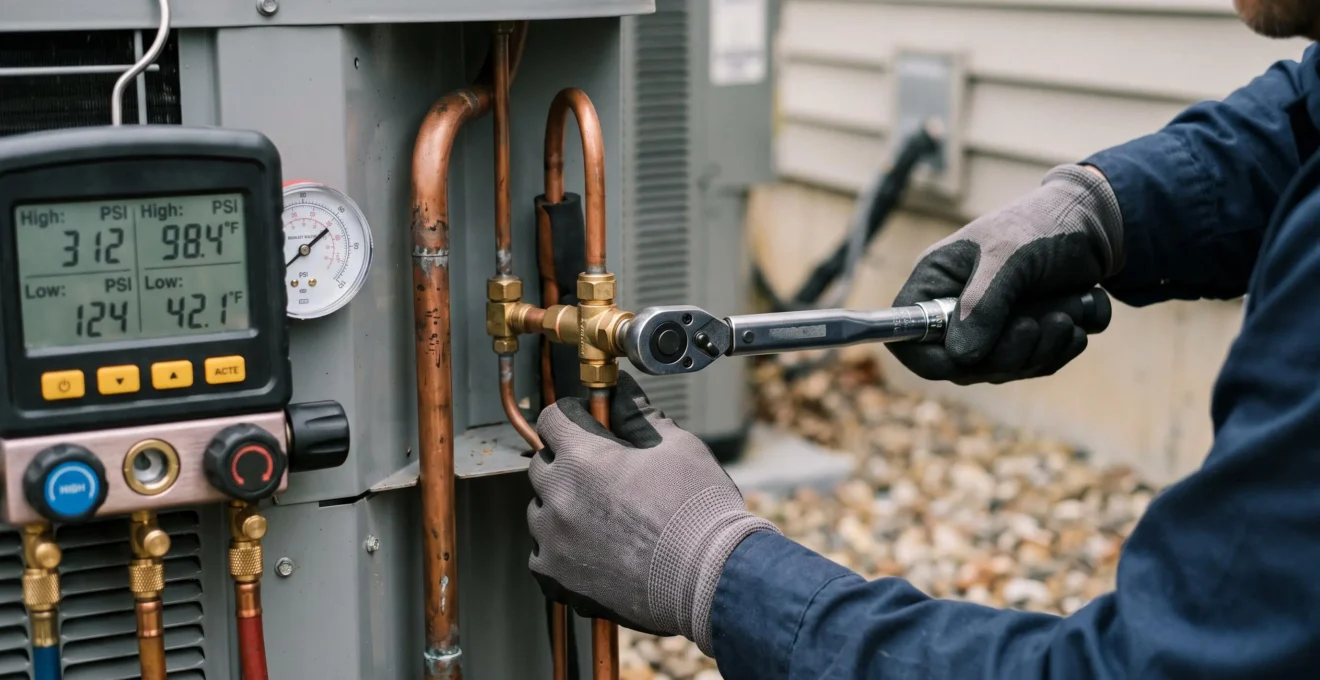 Gros plan sur les mains d'un technicien professionnel travaillant sur les raccordements de lignes réfrigérantes d'une thermopompe avec manomètre et clé dynamométrique