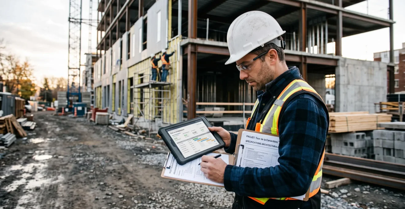 Coordonnateur de projet vérifiant l'avancement des travaux sur tablette numérique directement sur le chantier