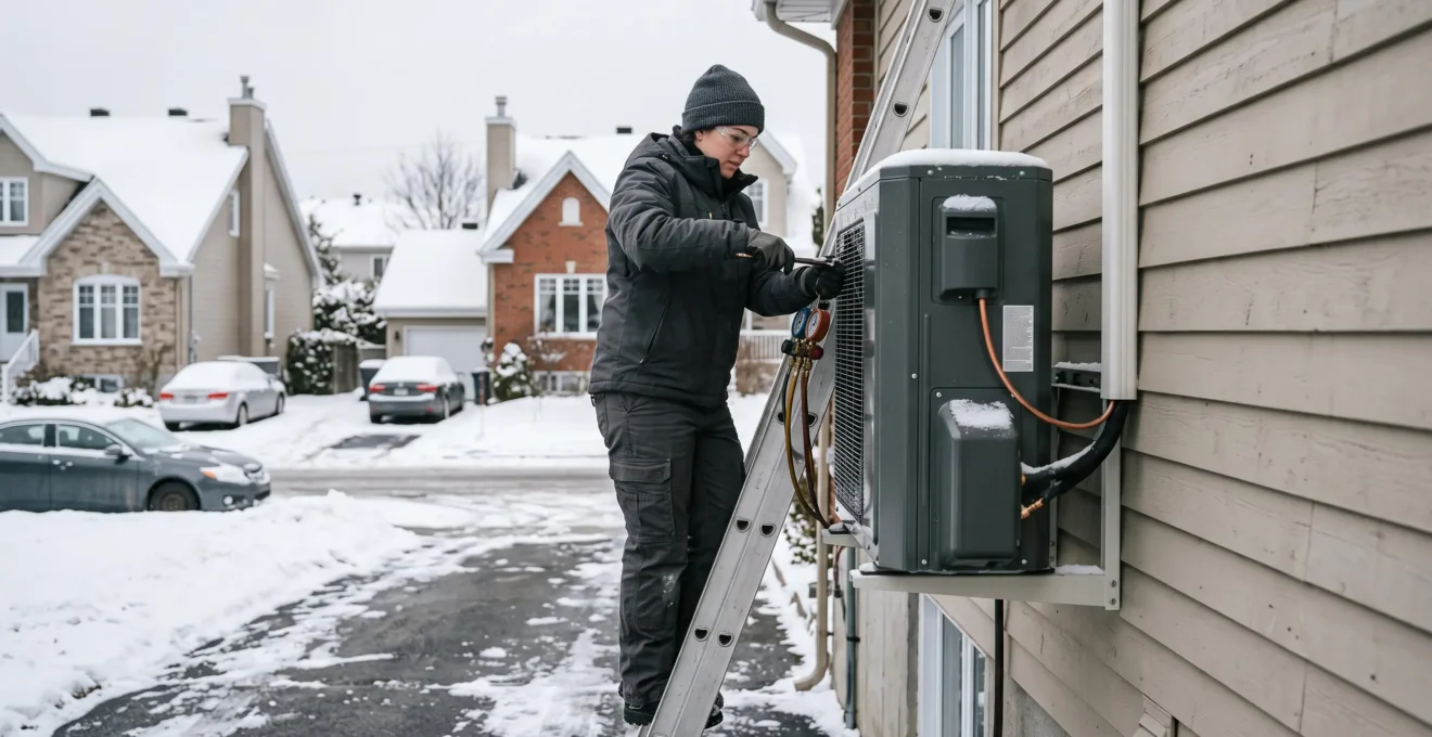 Technicien CVC certifié installant une unité extérieure de thermopompe sur le mur d'une maison résidentielle québécoise en hiver, avec neige au sol