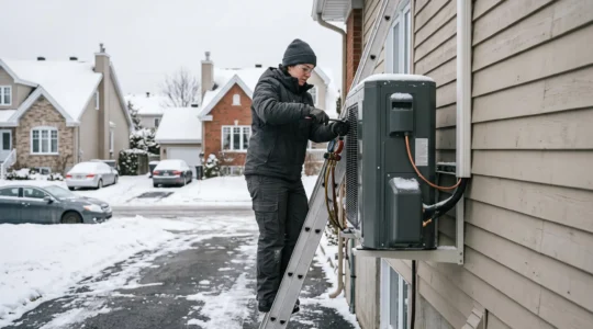 Technicien CVC certifié installant une unité extérieure de thermopompe sur le mur d'une maison résidentielle québécoise en hiver, avec neige au sol