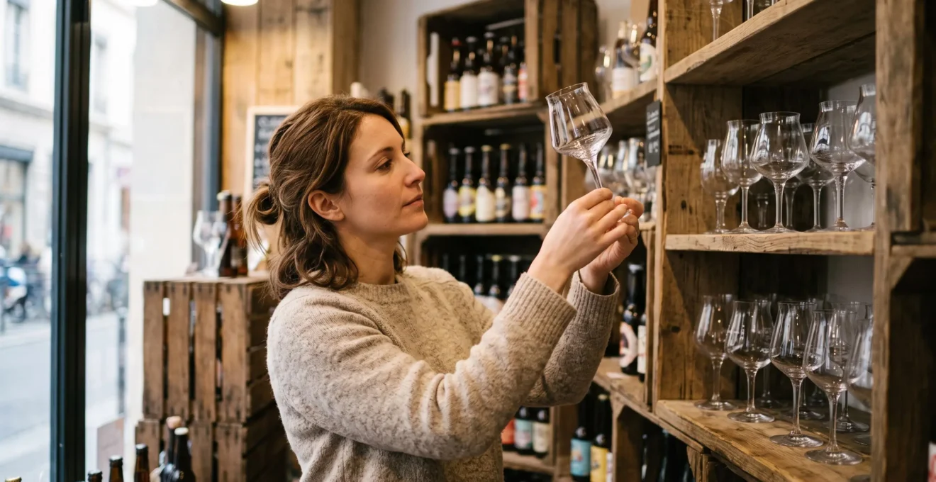 Une femme examine un verre à bière en cristal à paroi fine dans une boutique spécialisée, face à un rayonnage en bois.